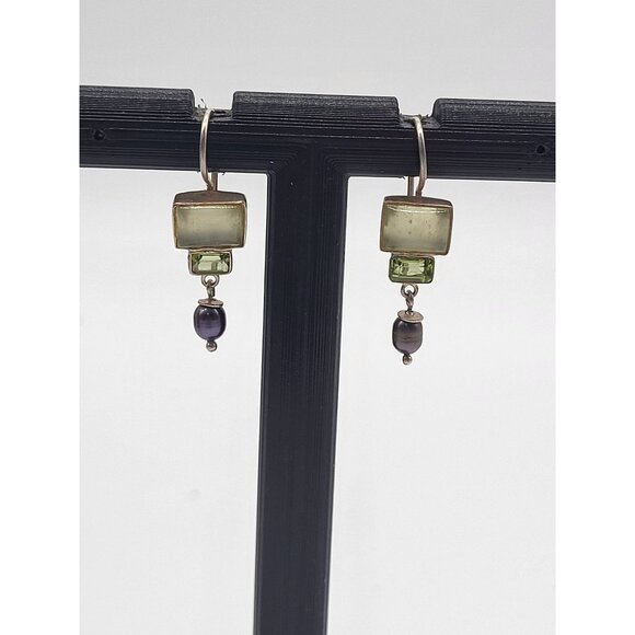 unbranded Jewelry - VTG 925 Sterling Silver Earrings Dangle Drop Green Gemstones Pearl Dainty
